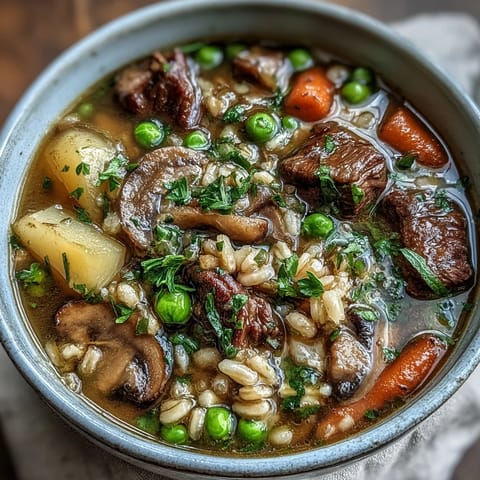 Hearty Beef and Barley Soup simmering with pearl barley, carrots, and peas, ready to serve with crusty bread.  