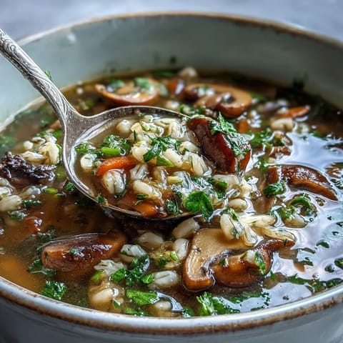 Hearty Mushroom Barley Soup in a white ceramic mug, featuring tender mushrooms and barley in a savory vegetable broth.