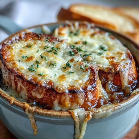 Steaming Classic French Onion Soup served in a ceramic bowl with thyme garnish and crusty bread. 