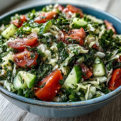 Vibrant Lebanese Cabbage Salad tossed in lemon dressing, topped with toasted pine nuts.