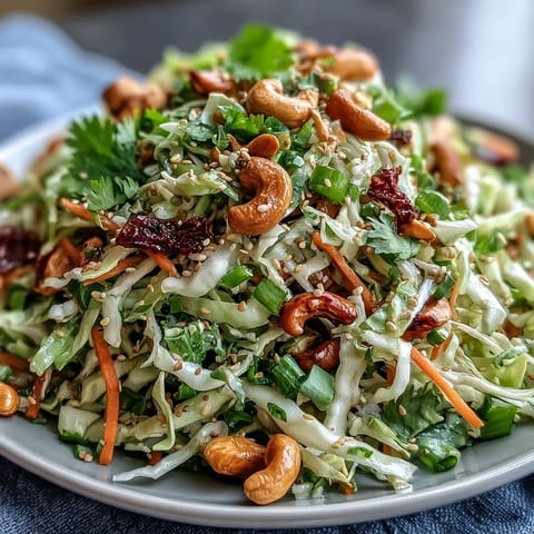 Brightly colored Asian Cabbage Salad served in a white bowl, garnished with toasted sesame seeds and chopped peanuts, ready to be enjoyed as a refreshing side dish.