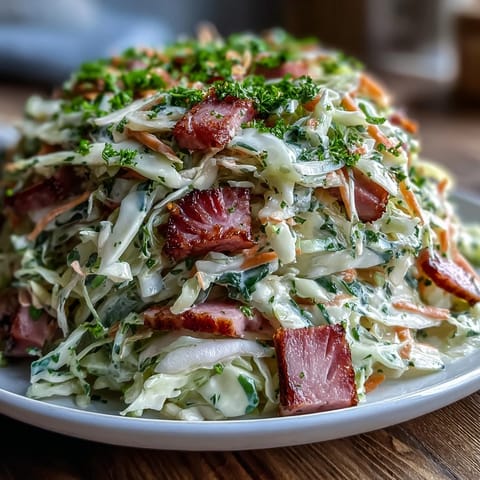 A hearty bowl of German Coleslaw topped with fresh parsley, ready to serve alongside grilled bratwurst.