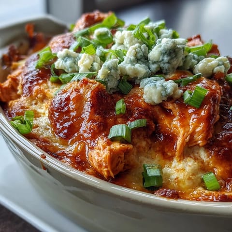 Savory Buffalo Chicken Dip served in a white baking dish with crisp celery sticks for dipping on the side.