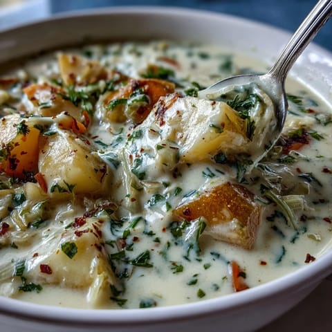 A ladle of velvety Creamy Potato Soup with Cabbage pours from the pot. 