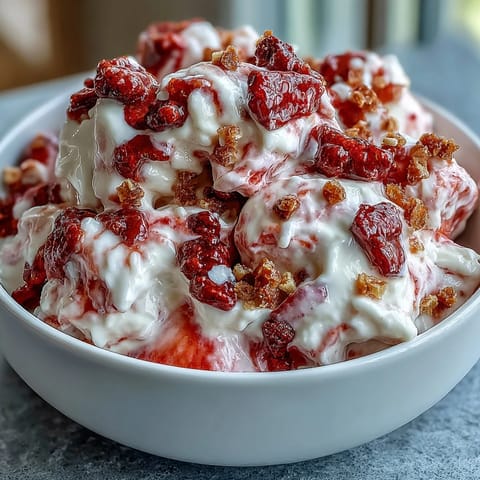 Homemade Strawberry & Banana Yoghurt Clusters ready to eat, showing a cross-section of creamy Greek yogurt studded with freeze-dried fruit and a honey drizzle.