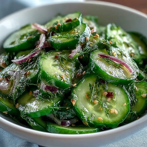 Bowl of chilled Refreshing Crunchy Cucumber Salad topped with sesame seeds, served near grilled chicken for dinner.