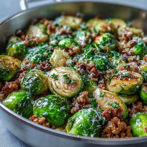 Brussels Sprouts & Ground Turkey Skillet with golden-brown sprouts and savory turkey in a white skillet.