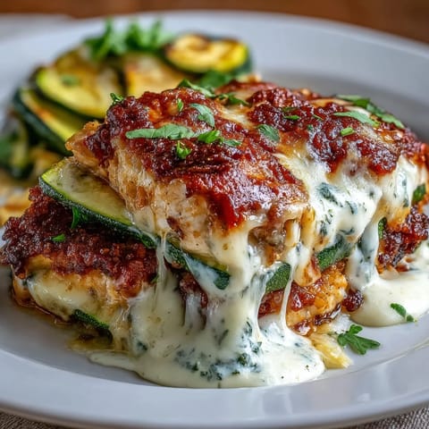 Freshly baked High Protein Chicken Zucchini Casserole features golden chicken and zucchini slices in a creamy sauce, topped with bubbly mozzarella.