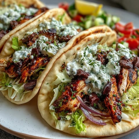 A plated Mediterranean Chicken Gyro with tangy tzatziki sauce, Kalamata olives, and fresh herbs, ready to serve for dinner.
