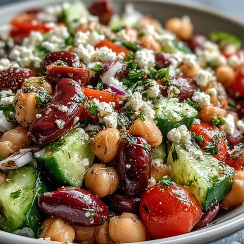 Freshly tossed Greek Bean Salad with Lemon Marinated Beans topped with crumbled feta and parsley.