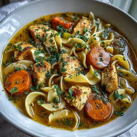 A close-up of rich Ginger Turmeric Chicken Soup in a rustic mug, steam rising from the vibrant yellow broth and noodles.