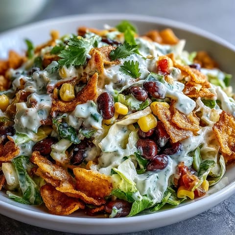 Fresh Frito Cowboy Cabbage salad in a white bowl, featuring crunchy coleslaw mix, black beans, and red bell peppers with a drizzle of smoky chipotle dressing.