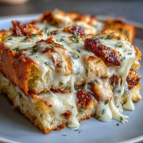 A close-up view of a baked Chicken Alfredo Garlic Bread slice showing fresh parsley garnish and melted cheese pull.