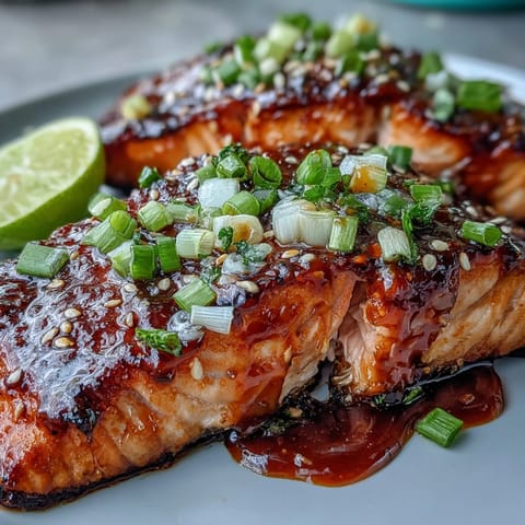 Close-up of golden seared Bang Bang Salmon topped with vibrant green onions and zesty lime wedges