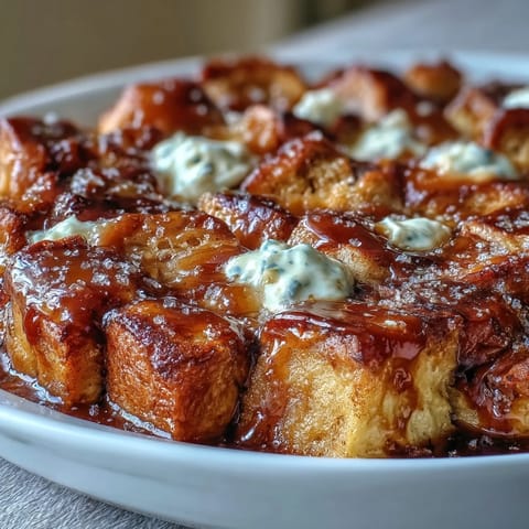 Freshly baked Caramel Cream Cheese French Toast Casserole with golden brioche and a bubbling caramel layer.