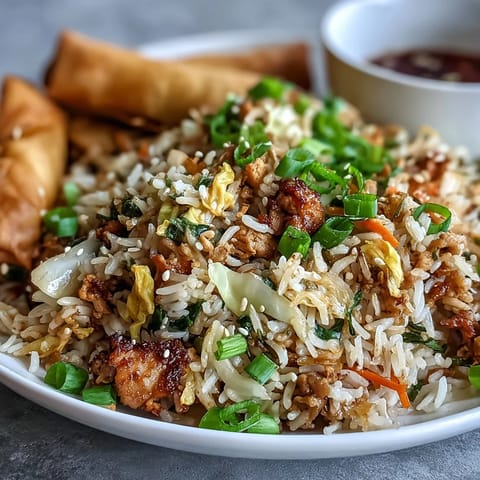 Steam rises from a skillet of Crispy Chicken Fried Rice with Egg Roll Flavors, garnished with fresh green onions and sesame seeds, ready to be served for dinner.