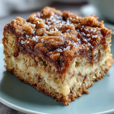A warm slice of High-Protein Cinnamon Swirl Coffee Cake Oats served with Greek yogurt and berries.