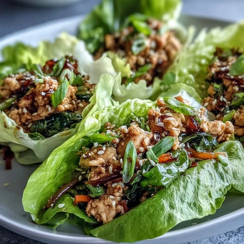 Golden-brown Potsticker-Inspired Chicken Lettuce Boats topped with sesame seeds and green onions on a white plate.
