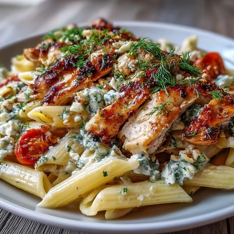 Roasted Garlic & Feta Chicken Pasta is plated with lemon zest and dill, a vibrant Greek-inspired main dish.