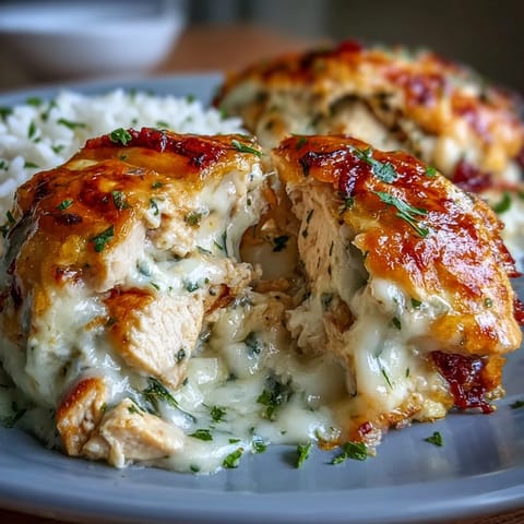 Colorful bell peppers stuffed with garlic Parmesan chicken and rice, garnished with fresh parsley for a family dinner.