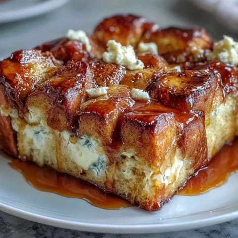 Freshly baked Caramel Cream Cheese French Toast Casserole with golden brioche, gooey caramel drizzle, and sweet cream cheese dollops.