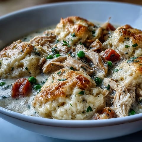 Creamy Slow Cooker Ranch Chicken & Dumplings stew with shredded chicken and vegetables, topped with fluffy drop biscuits bubbling in the pot.