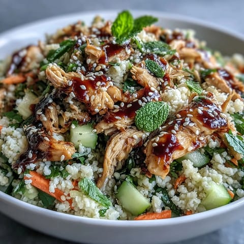 A close-up of Asian Sesame Chicken Couscous Salad tossed in a glossy sesame–soy dressing with scallions, cilantro, and lime wedges beside the bowl. 