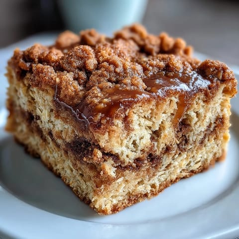 Freshly baked High-Protein Cinnamon Swirl Coffee Cake Oats cooling on a plate with a golden crumble topping.