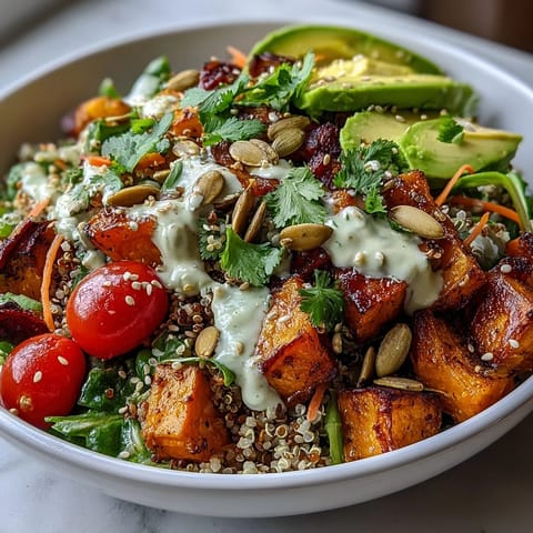 Build-your-own grain bowl featuring roasted sweet potatoes, fresh greens, avocado slices, and a tangy balsamic vinaigrette.  