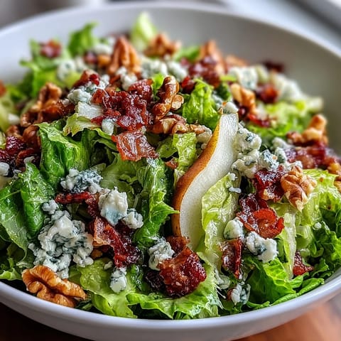 Vibrant frisée pear blue cheese bowl with crisp prosciutto and toasted walnuts, drizzled with honey Dijon vinaigrette.
