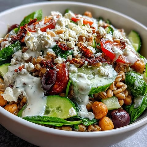 Wholesome Mediterranean Farro Bowl with farro, crisp vegetables, and tangy tahini drizzle.  