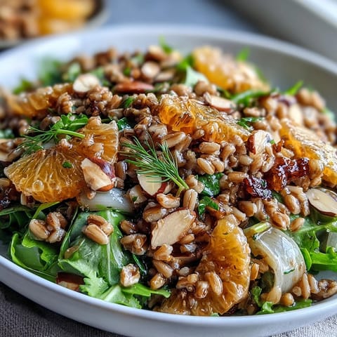 Refreshing Mediterranean farro salad featuring sweet orange segments, crunchy fennel, and golden toasted almonds in a light dressing.  