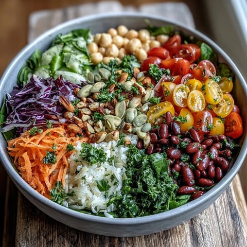 Colorful rainbow salad bowl featuring cherry tomatoes, purple cabbage, carrots, and spinach, topped with protein-rich chickpeas and creamy avocado.  