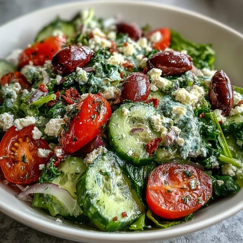 Fresh and colorful Mediterranean salad with crisp greens, juicy tomatoes, briny olives, and creamy feta, drizzled with tangy Greek dressing.  