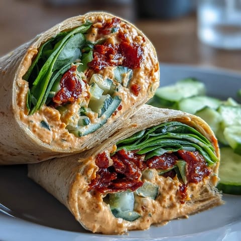 Colorful vegan wraps filled with creamy sun-dried tomato hummus and crisp fresh vegetables, perfect for a healthy lunch.