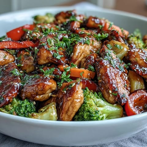 Vibrant high-protein chicken and veggie stir-fry with tender chicken, crisp bell peppers, and fresh snap peas in a savory sauce.  