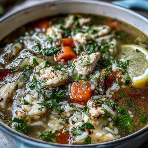 A steaming bowl of One-Pot Lemon Chicken Rice Soup filled with tender chicken, fresh veggies, and fluffy rice in a savory broth.