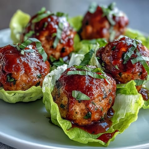 Fresh turkey meatballs nestled in crisp lettuce leaves, drizzled with rich homemade marinara sauce for a light, gluten-free meal.  