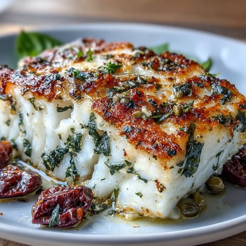 Baked cod recipe featuring tender white fish, roasted tomatoes, Kalamata olives, and zesty lemon, garnished with parsley and basil for a Mediterranean-inspired meal.  