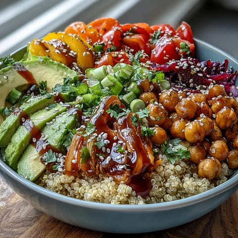 Colorful Buddha bowl bursting with fresh vegetables, hearty grains, and zesty sesame ginger dressing for a nourishing meal.
