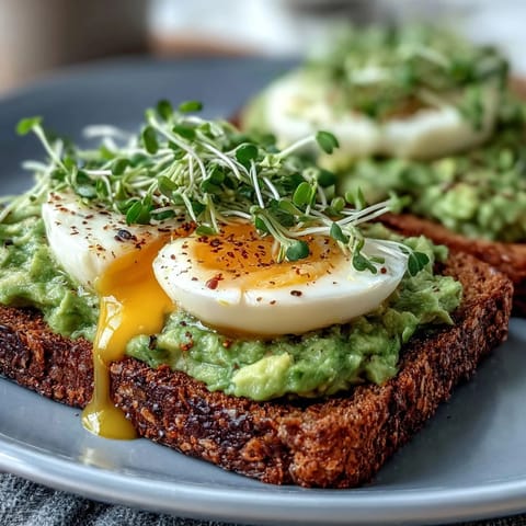 Creamy avocado spread topped with soft-boiled egg and vibrant microgreens, served on crisp whole grain toast for a nourishing breakfast.  