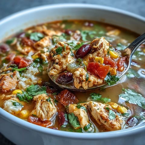Vibrant chicken taco soup with diced zucchini, bell peppers, and beans in a rich, spiced broth topped with fresh cilantro.  