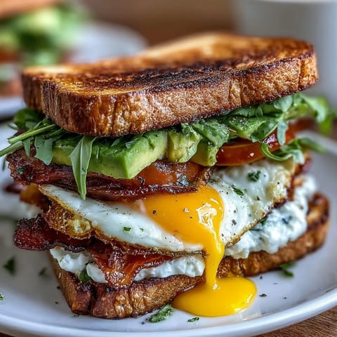 Hearty Sourdough Avocado BLT Breakfast Stack with a perfectly runny egg, layered with crispy bacon, fresh greens, and ripe tomato slices.