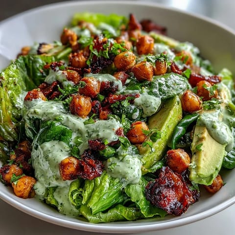 A vibrant green salad with crisp romaine, spinach, cucumber, and cherry tomatoes, topped with creamy avocado and crunchy roasted chickpeas in a rich pistachio dressing.