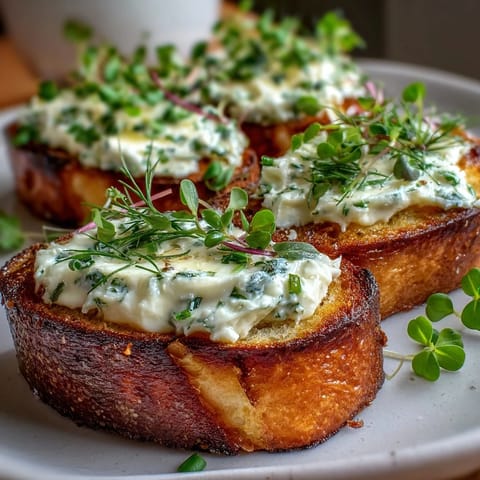 Elegant cream cheese and herb crostini board with crispy baguette slices topped with herbed spread and fresh greens.