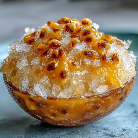 Tangy passionfruit granita with crystalline layers, a refreshing and vibrant dessert perfect for hot summer days or elegant gatherings.