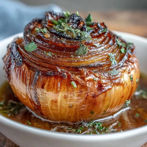 A steaming bowl of onion boil ASMR features tender whole onions in a fragrant, buttery spiced broth with fresh herbs.