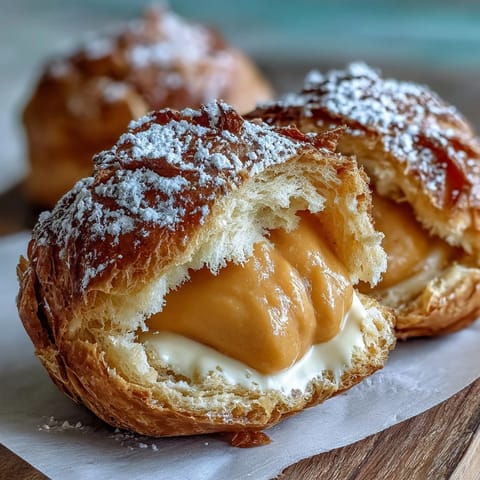 Golden-baked cream puffs with luscious mango-infused filling, offering a creamy tropical twist on classic French patisserie.  