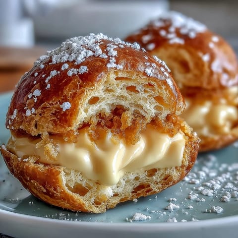 Light and airy choux pastry filled with vibrant mango pastry cream, dusted with powdered sugar for a tropical French dessert delight.  