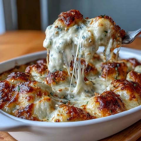 Creamy Trader Joes Dumpling Bake with melted mozzarella and cheddar, baked until golden and bubbling in a cozy casserole dish.  
